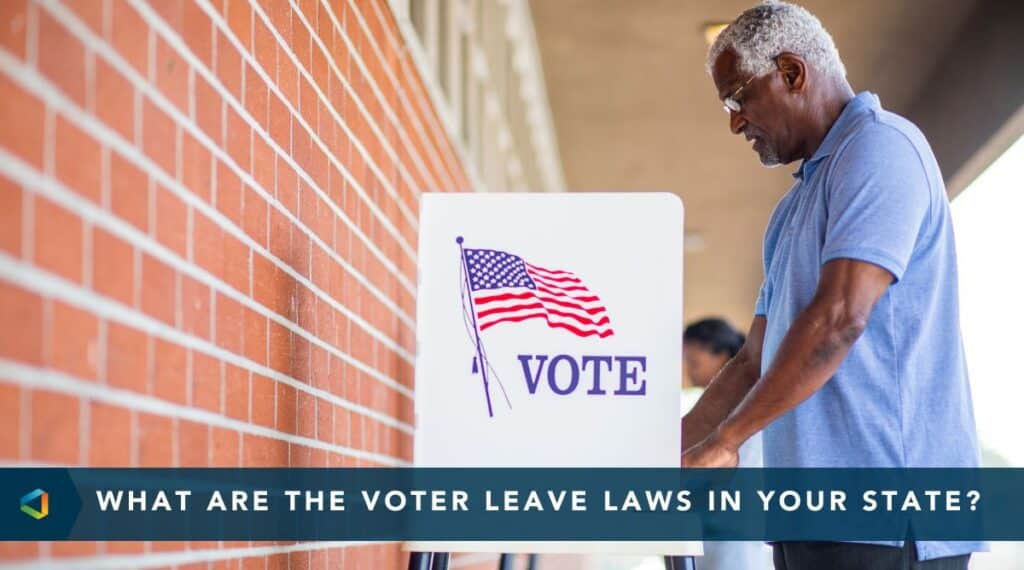 A man casting a ballot at an election center. The banner text reads, "What are the voter leave laws in your state?"