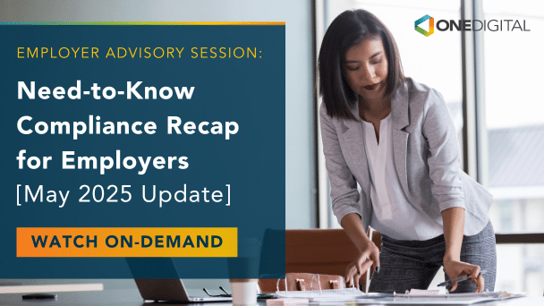Person looking at paperwork, with text overlay reading "Need-to-know Compliance Recap for Employers [May 2025 Update]